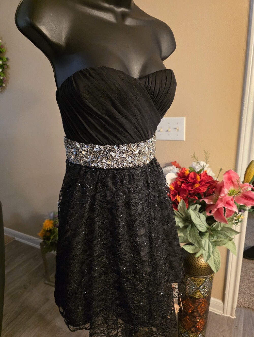My Michelle Black Strapless Lace Cocktail Dress with Jeweled Waist